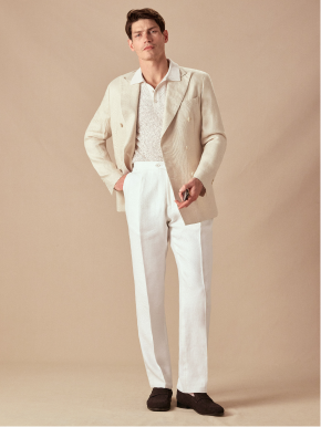 Tailored Fit Cream White Herringbone Linen Suit Trousers