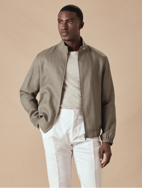 Olive Linen Bomber Jacket