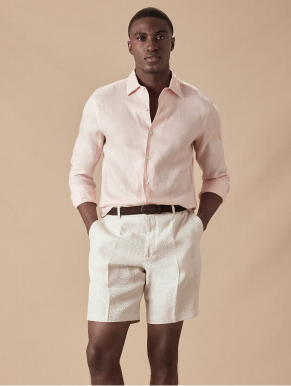 Beige Pleated Linen Shorts