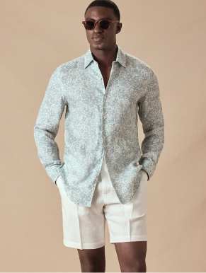Slim Fit Green & White Floral Linen Shirt