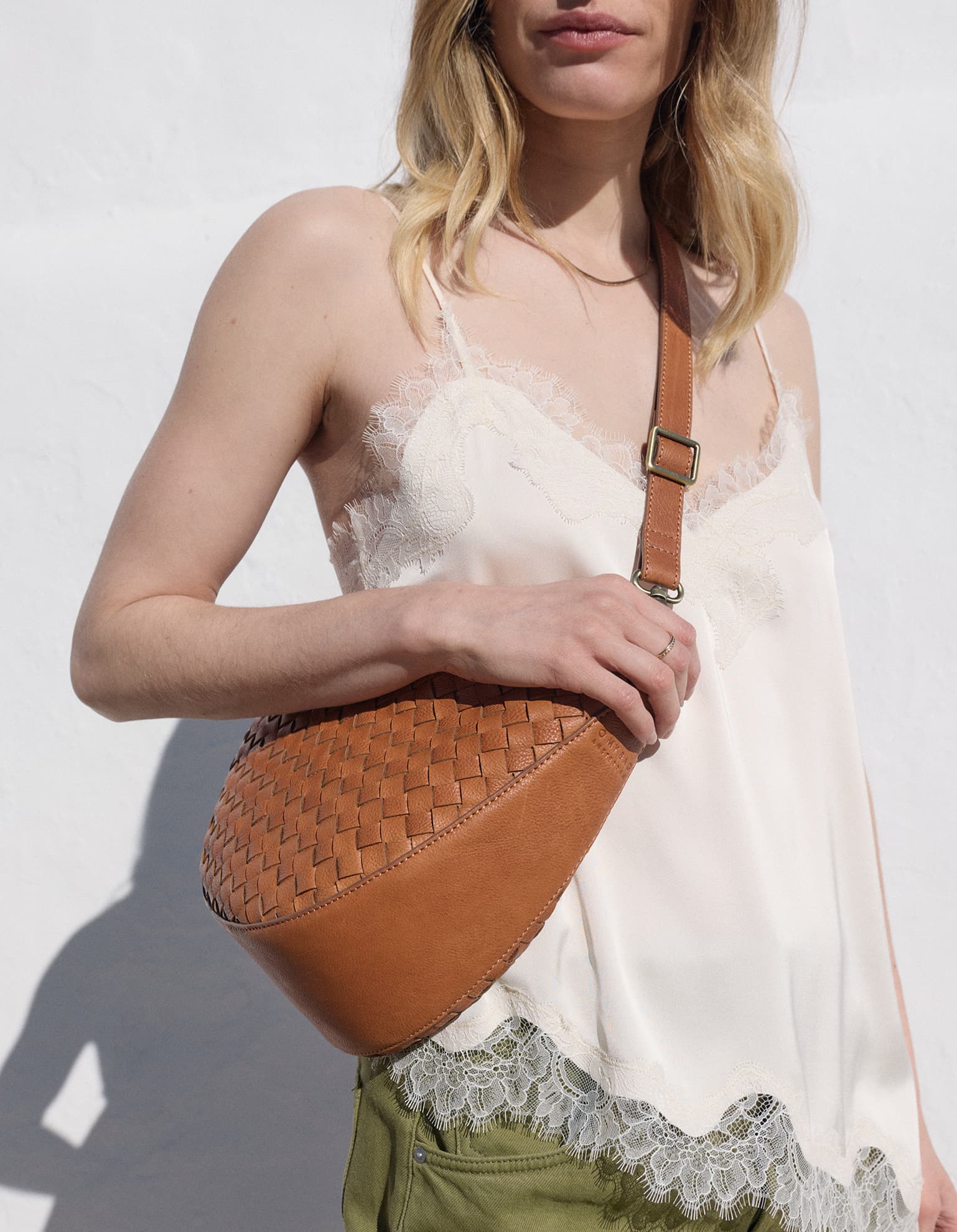 Model wearing Leo Crossbody Maxi in Wild Oak