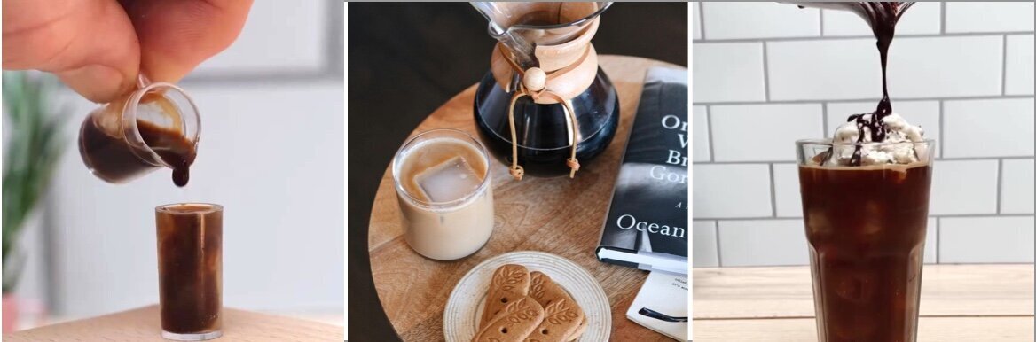 3 photos. First is of a miniature coffee drink, second is of a cup of coffee next to a chemex, third is of a coffee float