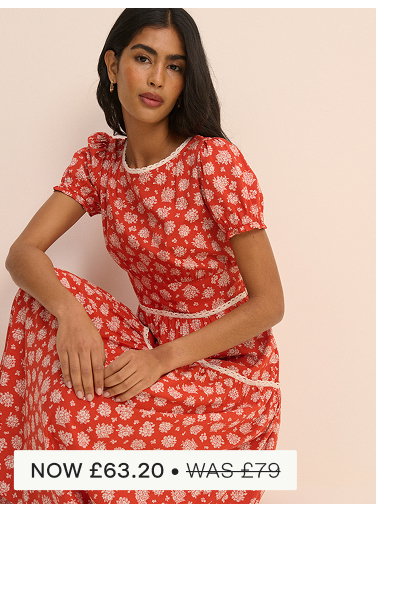 Red Ditsy Floral Tiered Dara Midi Dress