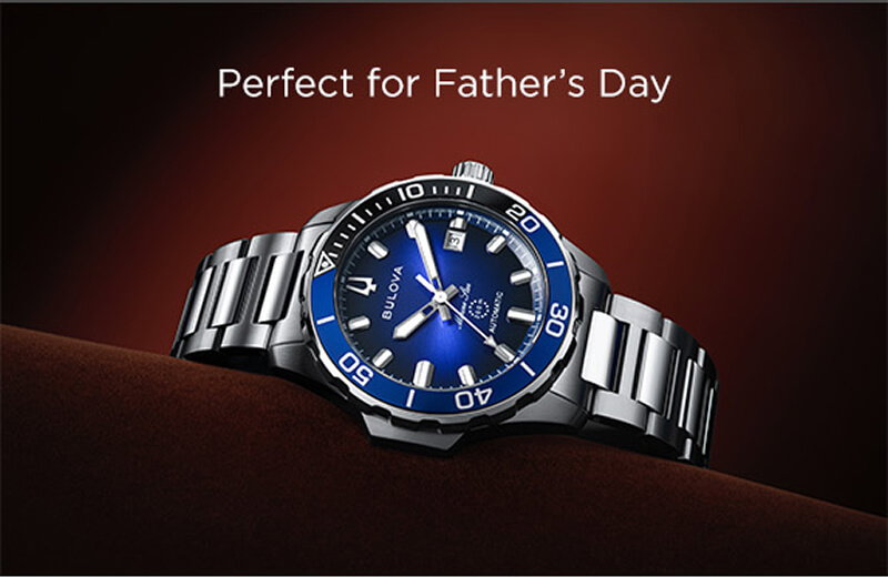 Men’s silver-tone Bulova watch with blue dial and bezel. Perfect for Father’s Day.