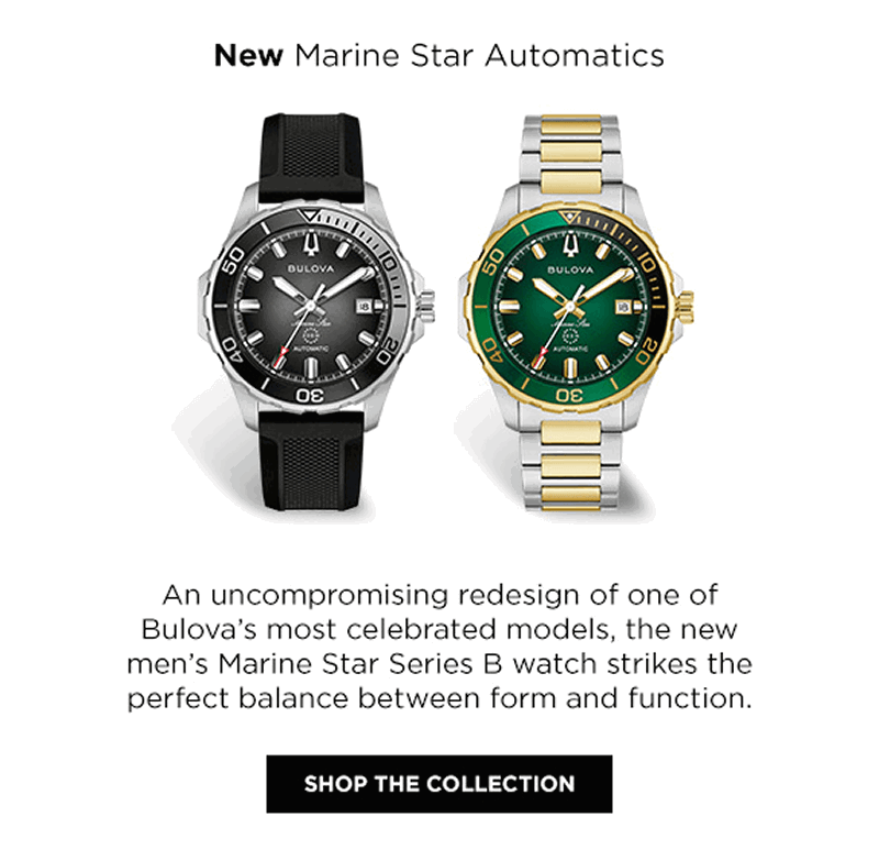 Two Bulova Marine Star Automatics watches with black rubber and two-tone metal bracelets. Click shop the collection.