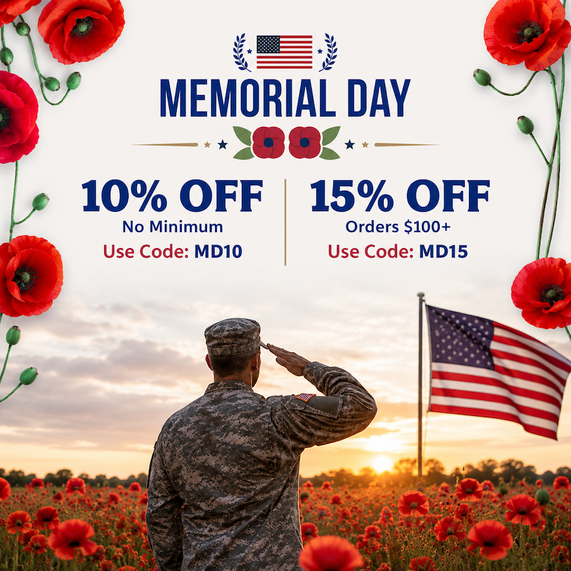 Man wearing a military uniform facing and saluting an American flag with a discount. 10% OFF no minimum or 15% OFF $100 or more.