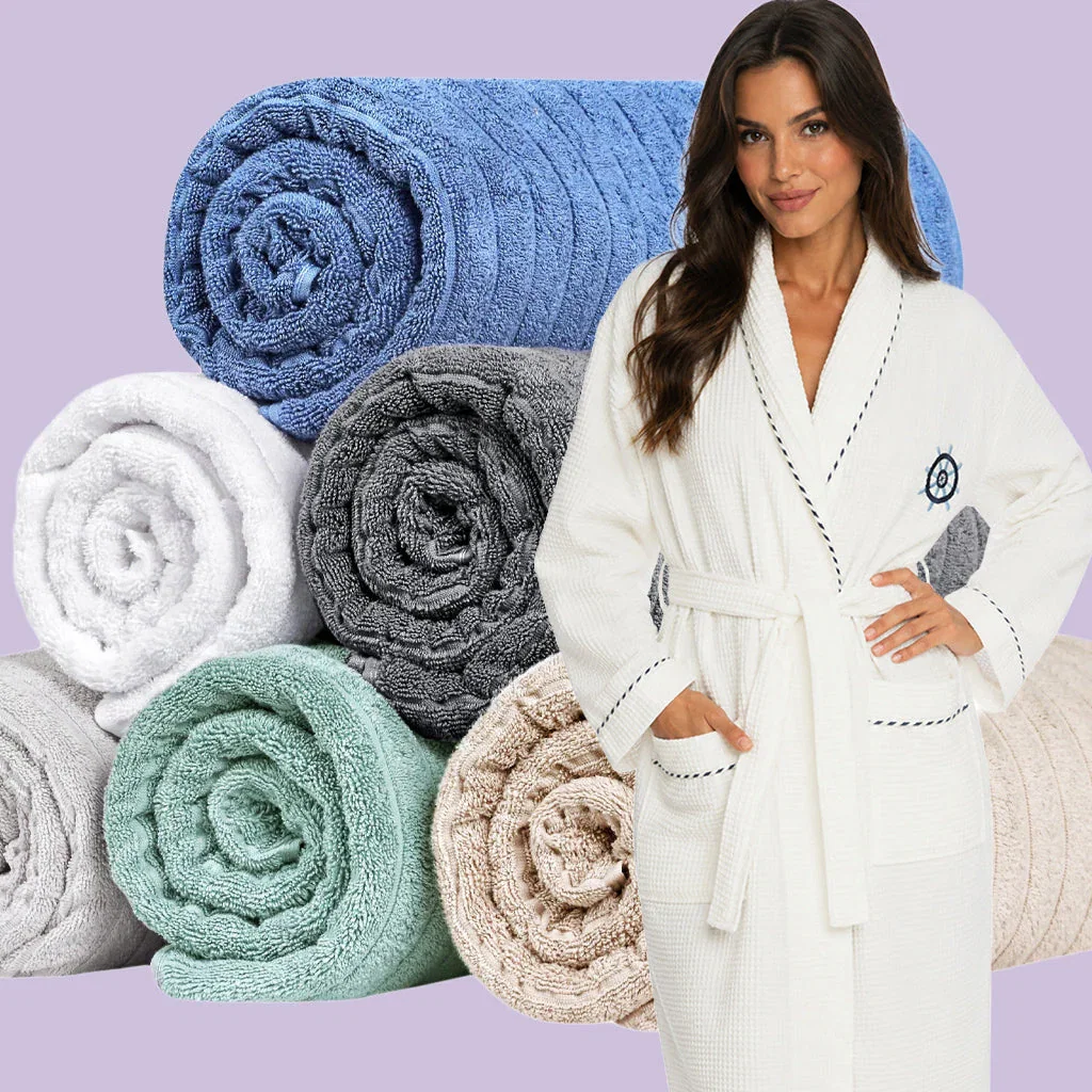 Woman modeling white waffle-weave robe surrounded by rolled towels in blue, white, gray, green, and beige colors against purple background.