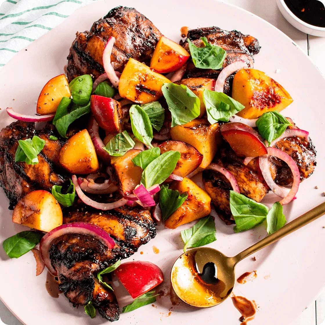 Grilled Balsamic Chicken with Peaches and Basil