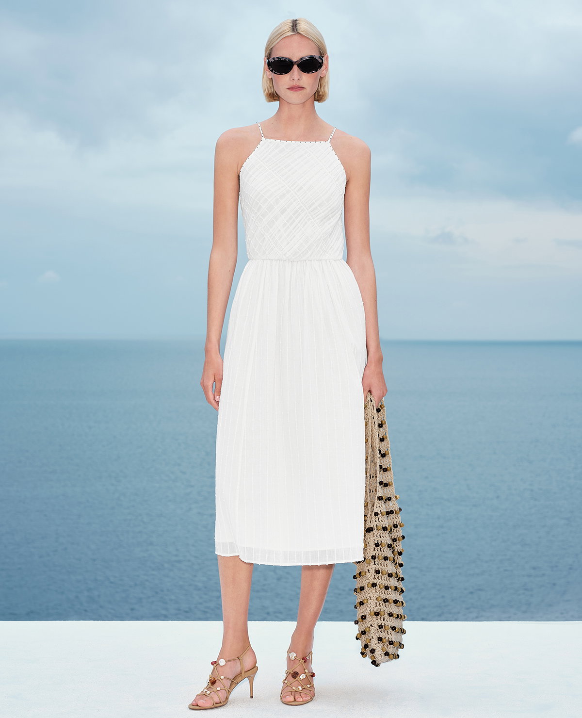 Woman wearing Pure Cotton Square Neck Strappy Midaxi Waisted Dress in White