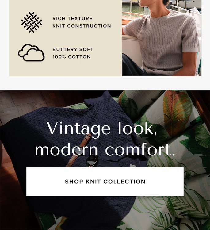 Top shows icons for knit fabric and a cloud next to a man in a light grey ribbed knit crewneck shirt on a boat. Bottom shows a dark blue textured shirt lying on leaf-patterned cushions. Text reads: 'Rich Texture Knit Construction... Vintage look, modern comfort. Shop Knit Collection'