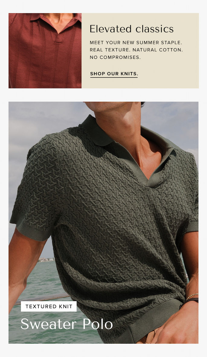 Top shows a cropped view of a reddish-brown knit polo shirt. Bottom shows a man wearing an olive green textured sweater polo on a boat. Text reads: 'Elevated classics... Textured Knit Sweater Polo'