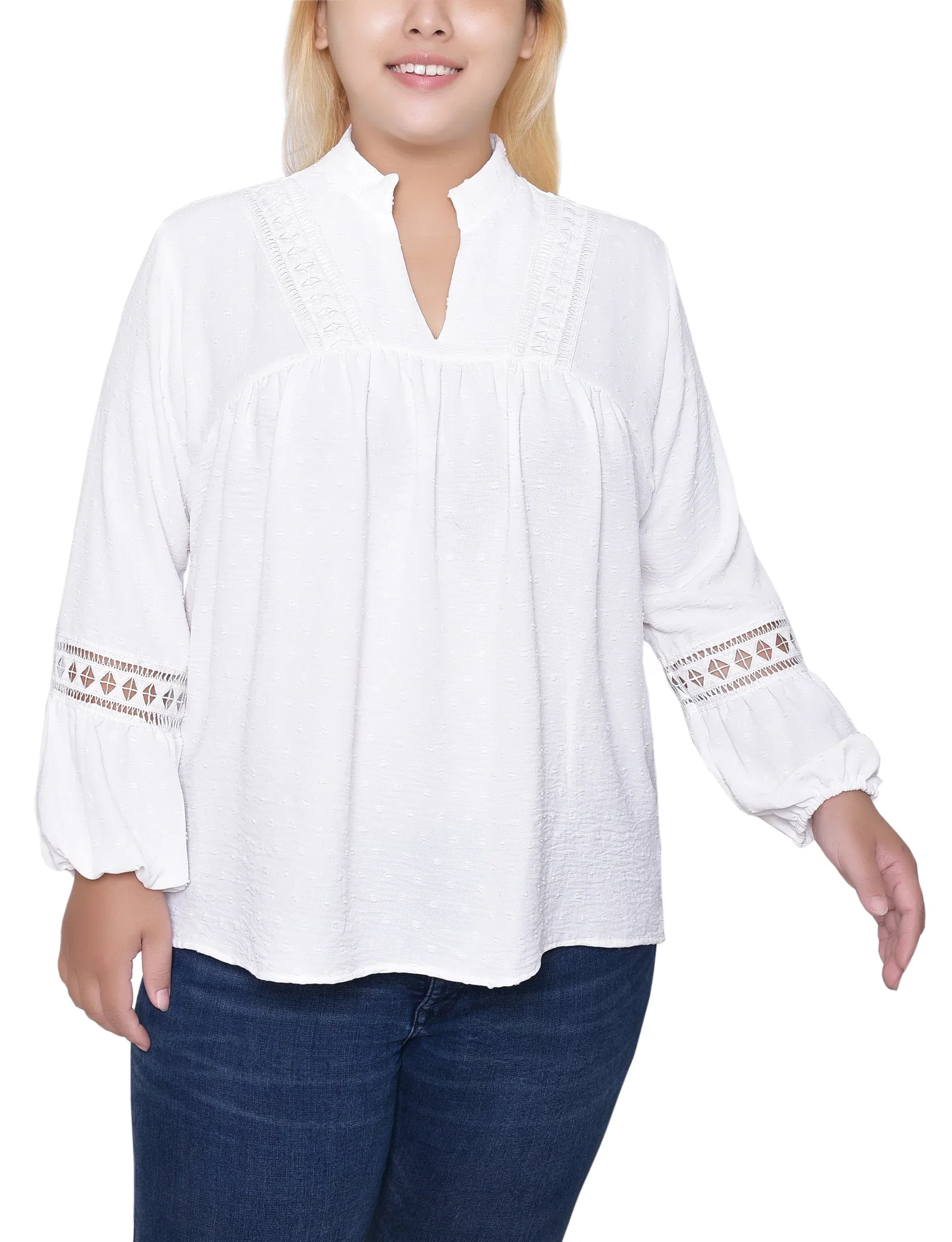 Image of NY Collection Plus Size Long Sleeve Blouse With Crochet Trim