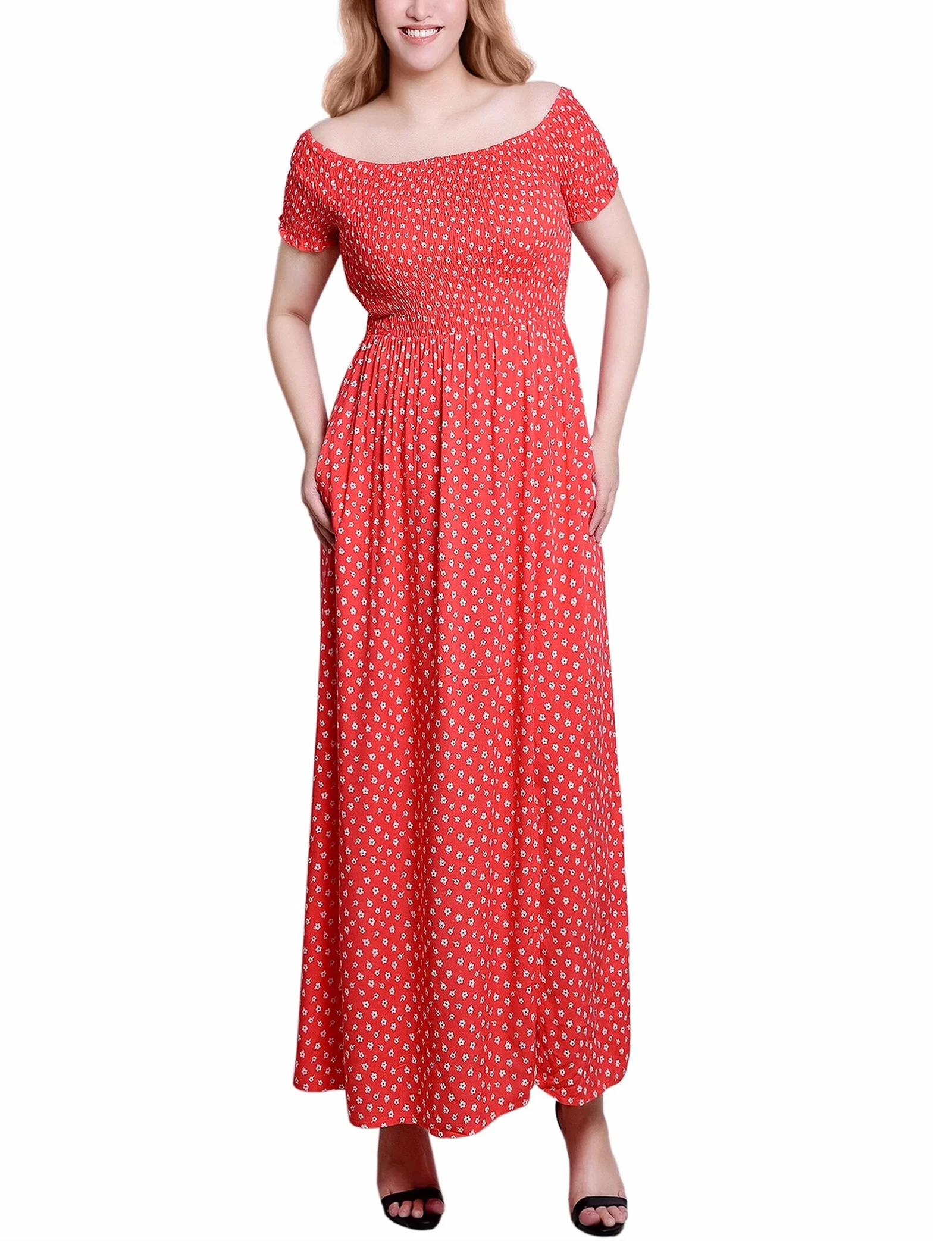 Image of Red Floral Smocked Bodice Maxi Dress
