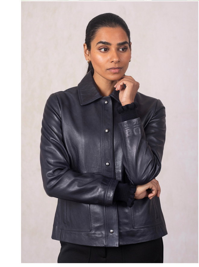 Newby Collared Leather Jacket Navy
