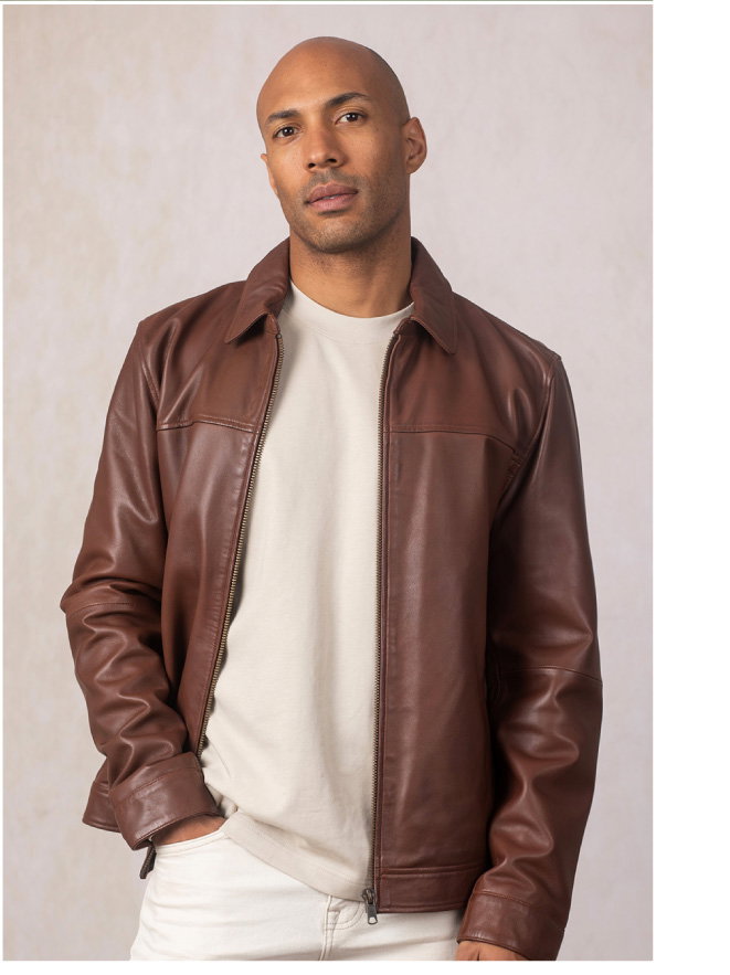 Renwick Collared Leather Jacket Cognac