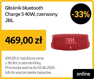 Głośnik bluetooth Charge 5 40W, czerwony, JBL -33% | 469,00 zł | 699,00 zł najniższa cena z 30 dni przed obniżką | Promocja ważna do 02.06.2026 lub do wyczerpania zapasów | online