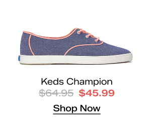 A side view of the Keds Champion Point Low Wave Nautical Chambray Lace-Up in blue/neon coral. The style was $64.95 and is now $45.99 for a limited time. Shop Now.