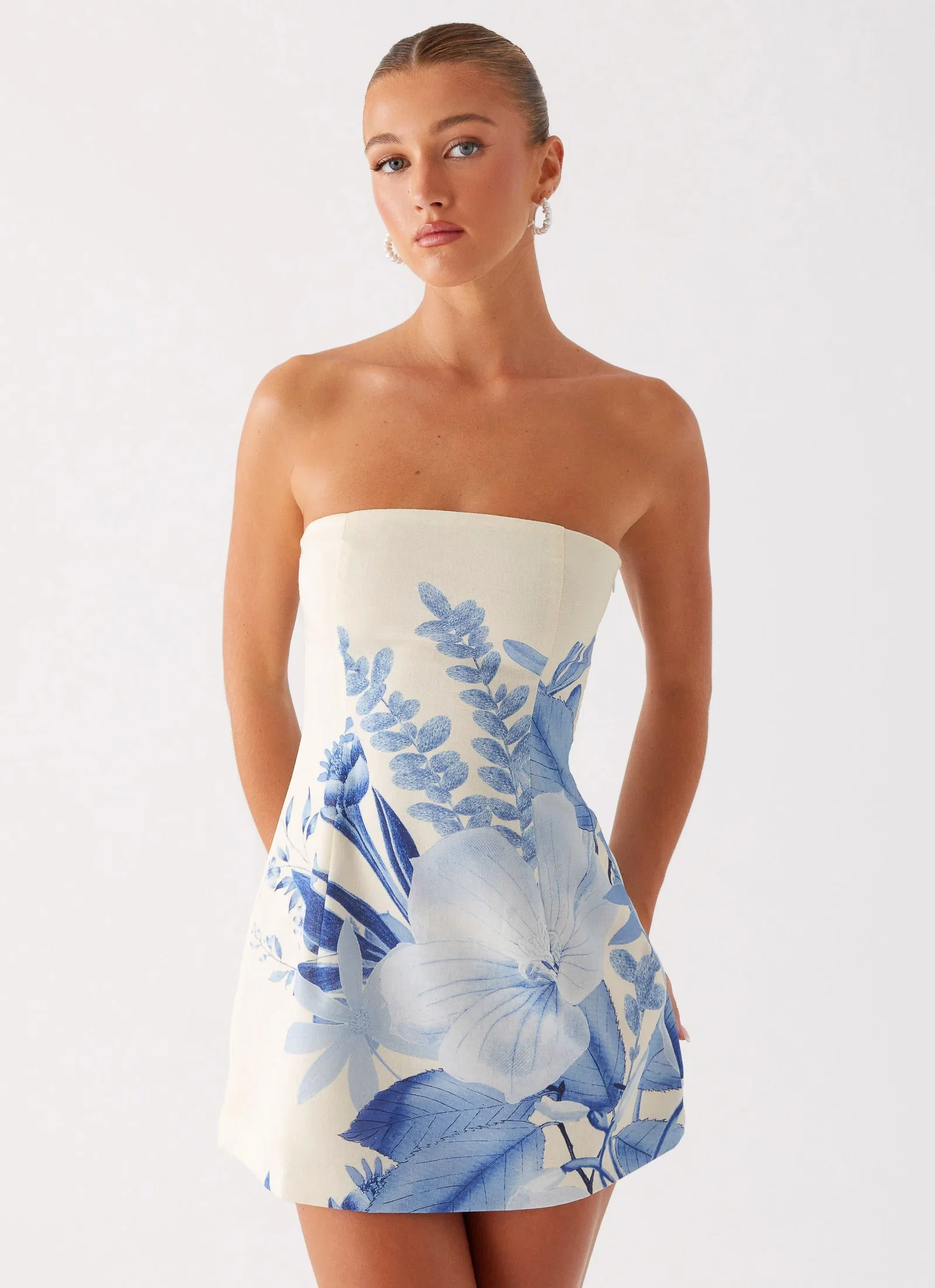 Image of Denby Strapless Mini Dress - Blue Floral Print