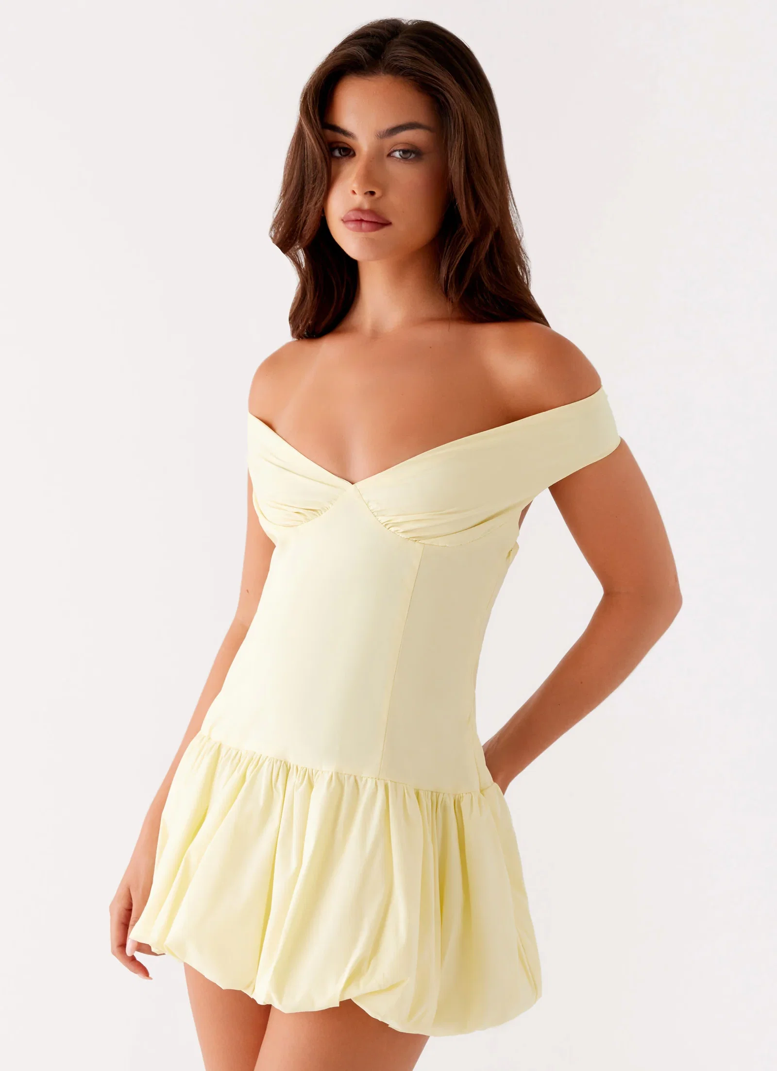 Image of Endless Romance Off Shoulder Mini Dress - Yellow
