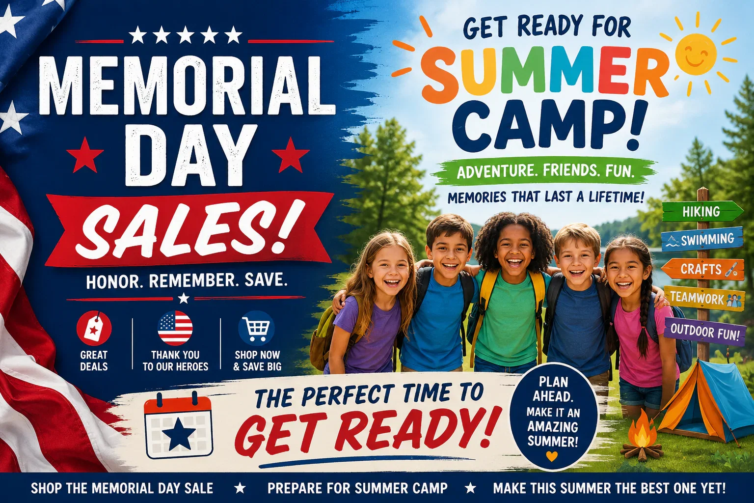 Family camping outdoors during Memorial Day weekend with summer camp gear