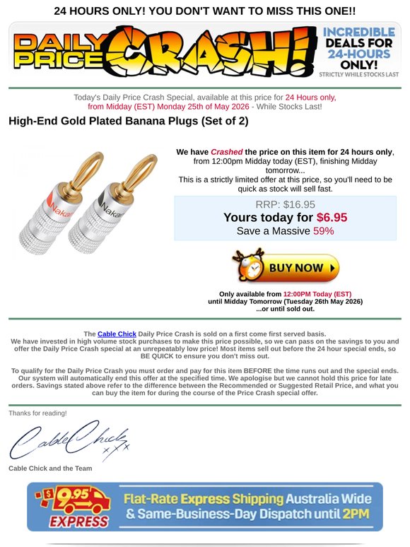 PRICE CRASH: High-End Gold Plated Banana Plugs (Set of 2) - SAVE 59%