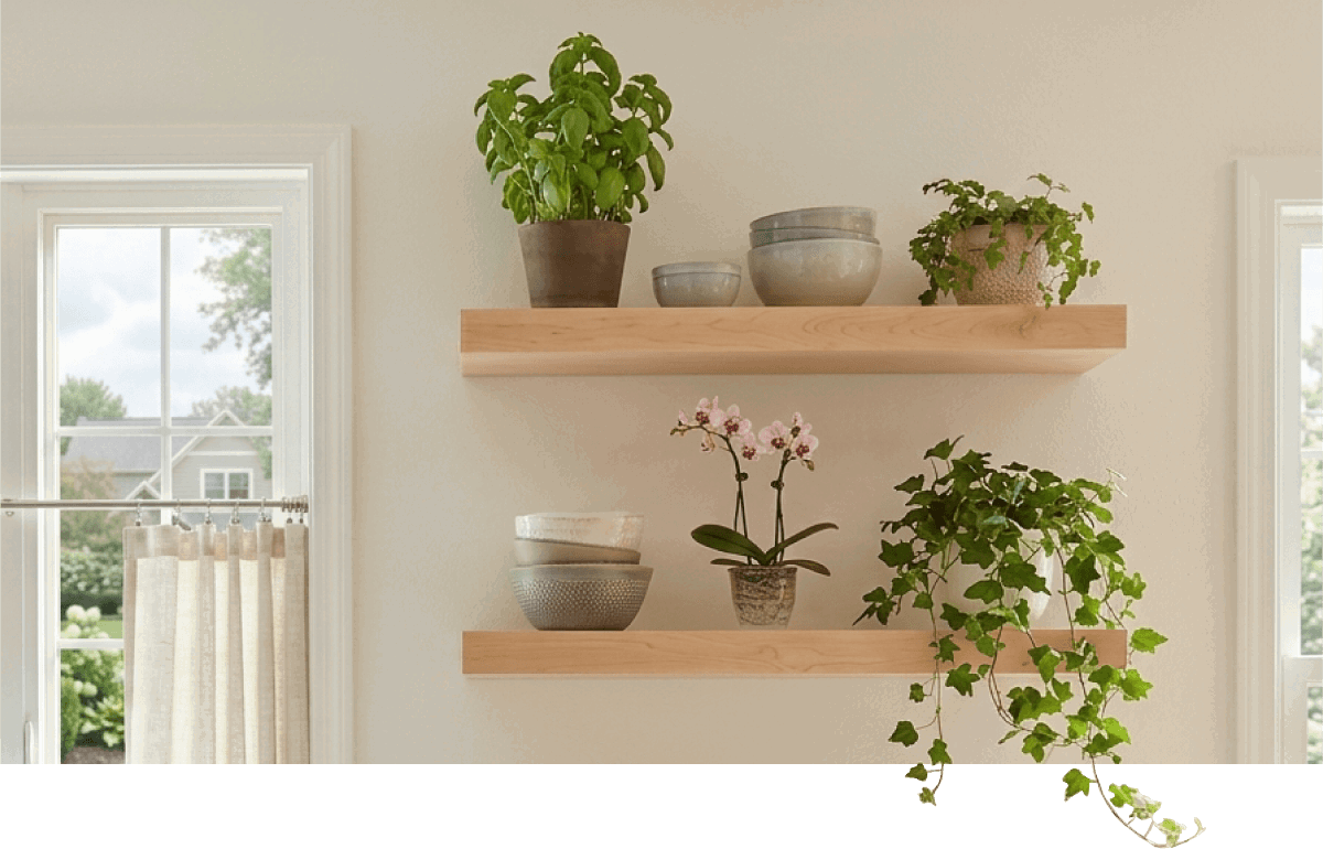 Wooden shelves with potted plants and bowls.