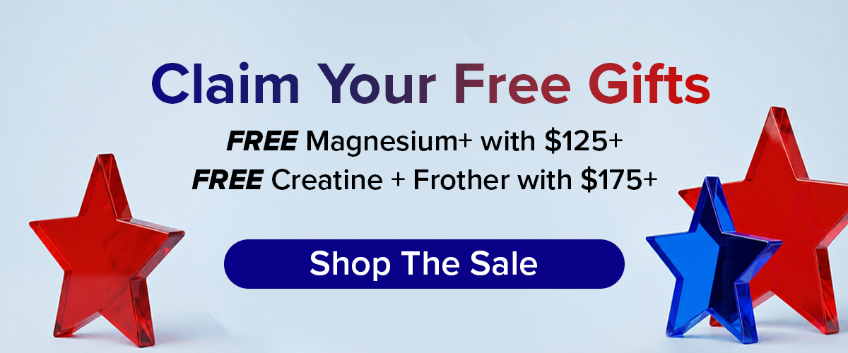 Claim Your Free Gifts Product shot of Magnesium + Creatine + Frother with “FREE GIFT” stickers. FREE Magnesium with $125+ FREE Creatine + Frother with $175+