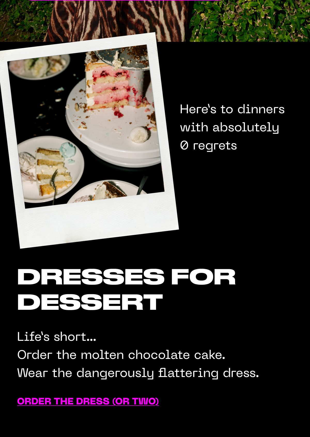 Text promoting dessert and a dress, with a photo of cake and dessert on a table.