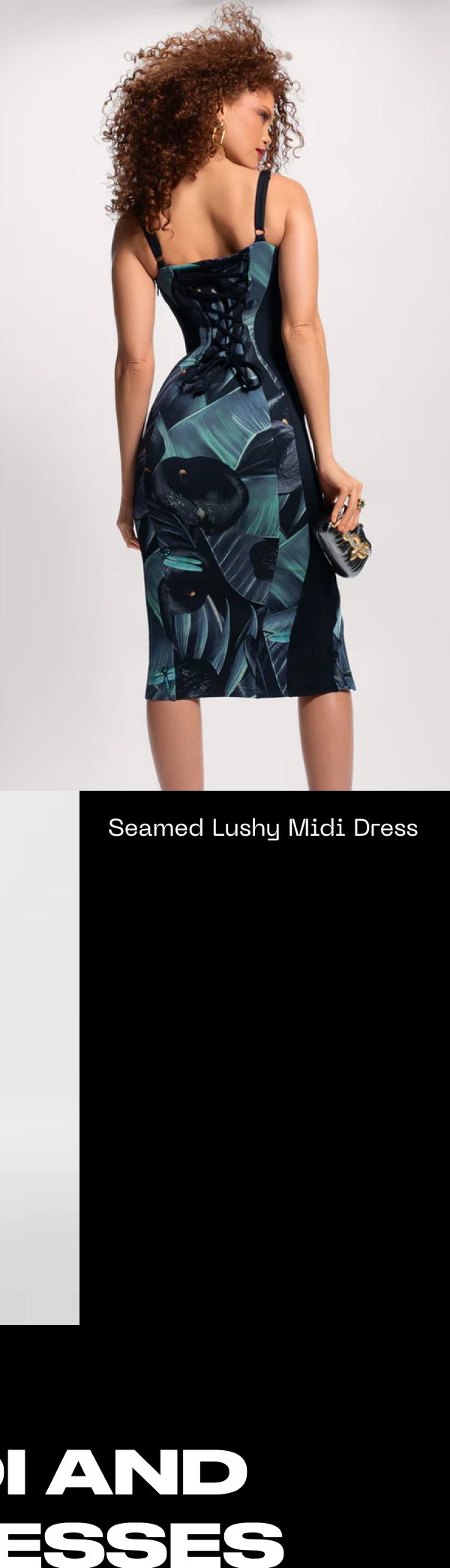 Model wearing a seamed lushy midi dress with a colorful pattern.