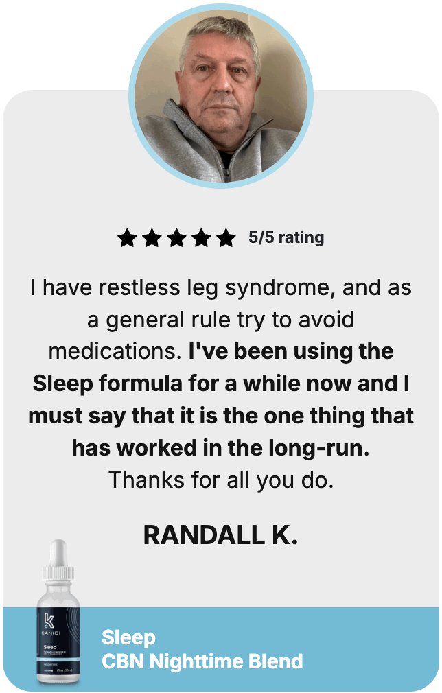  ★ ★ ★ ★ ★ 5/5 rating I have restless leg syndrome, and as a general rule try to avoid medications. I've been using the Sleep formula for a while now and I must say that it is the one thing that has worked in the long-run. Thanks for all you do.  RANDALL K.  Sleep CBN Nighttime Blend 