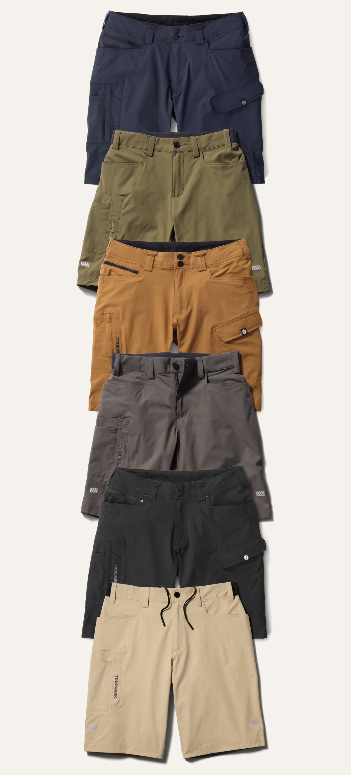 T1 WerkShorts and Cloud WerkShorts featured in every color: Navy, Olive, Sand, Deep Grey, Black, Light Khaki