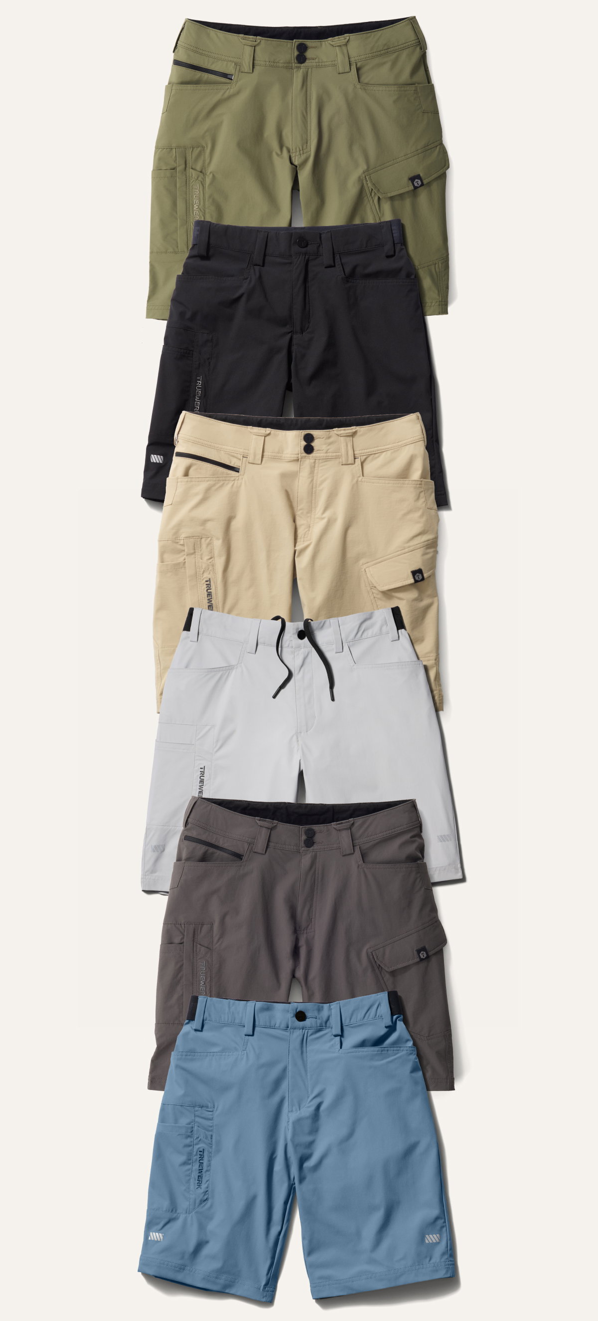 T1 WerkShorts and Cloud WerkShorts featured in every color: Olive, Black, Light Khaki, Light Grey, Deep Grey, Flint