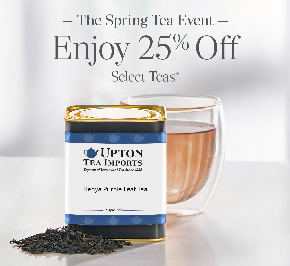 Tea tin of Kenya Purple Leaf Tea with cup of tea behind tin. The Spring Tea Event. Enjoy 25% Off Select Teas*