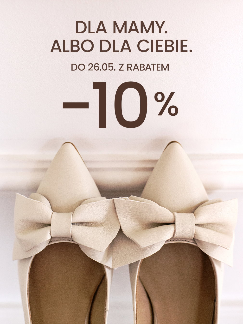 Cream high heels with bows, 10% discount offer for Mother's Day until 26th May.