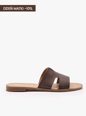 Brown leather slide sandal with Mother's Day 10% discount label