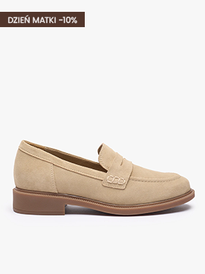 Beige suede loafer with brown sole, side view, 10% off for Mother's Day