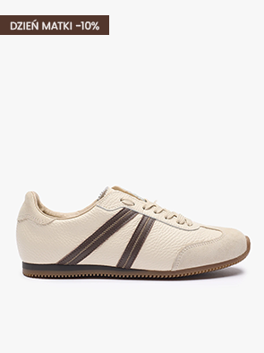 Beige trainers with brown stripes, Mother's Day 10% discount offer.