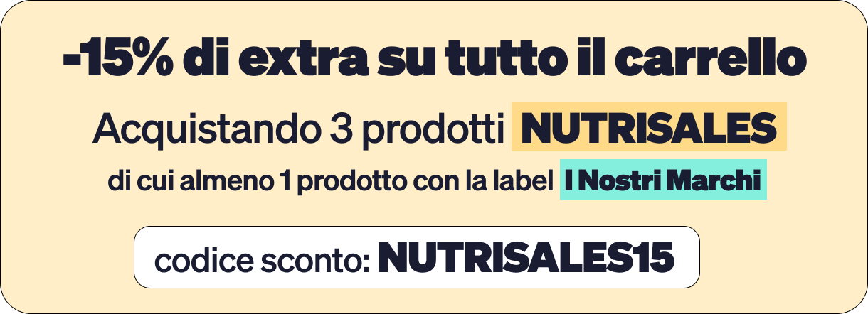 Promotional banner: 15% off entire cart when buying three NutriSales products (at least one Our Brands); code NUTRISALES15