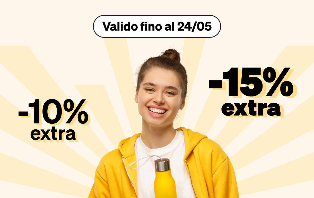 Smiling woman in yellow hoodie with yellow bottle and promotional labels -10% and -15%, offer valid until 24/05