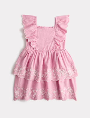 Linen Rich Floral Embroidered Frill Dress (2-10 Yrs)