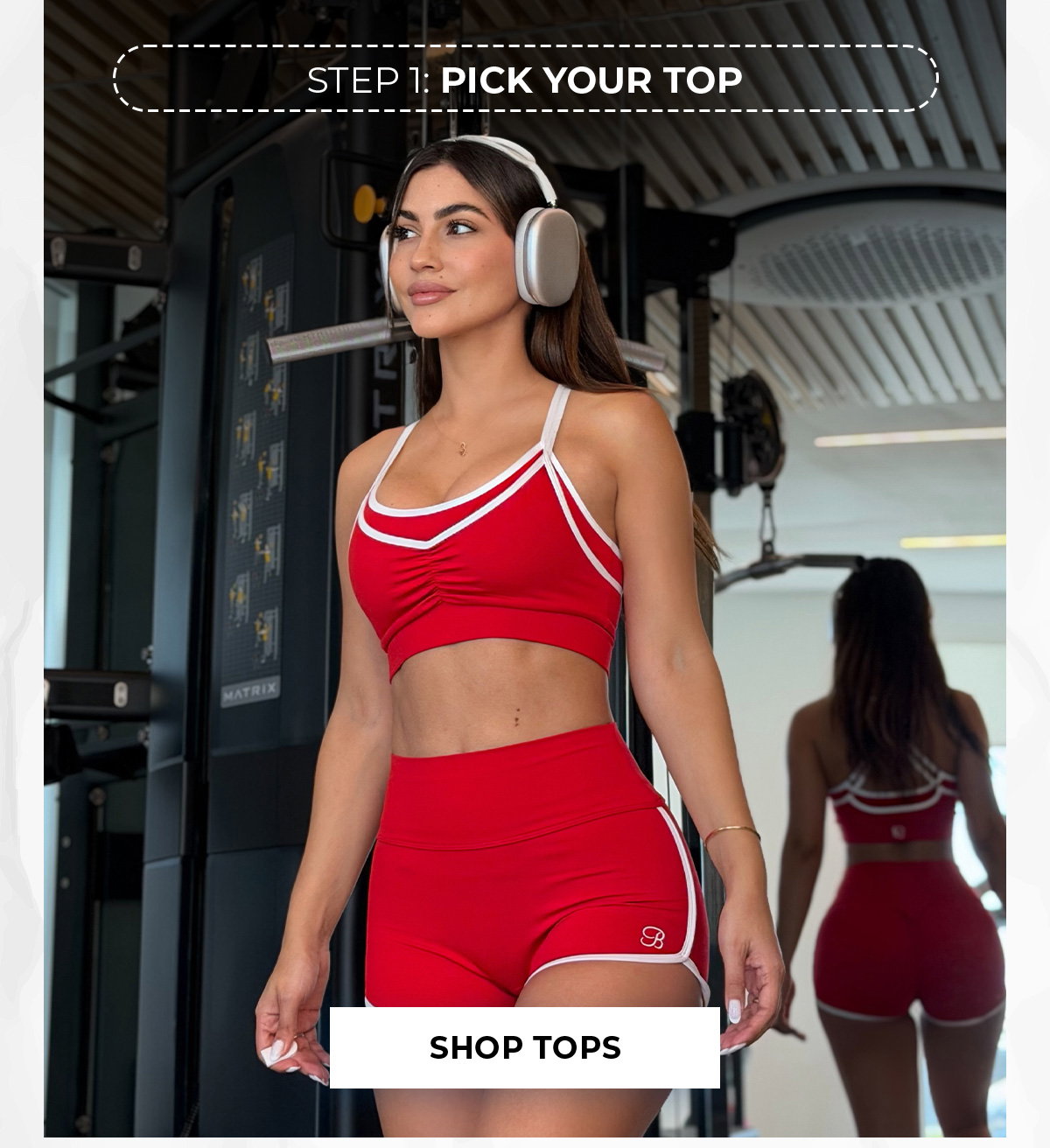 Model in red active with “Step 1: Pick Your Top” and Shop Tops button.