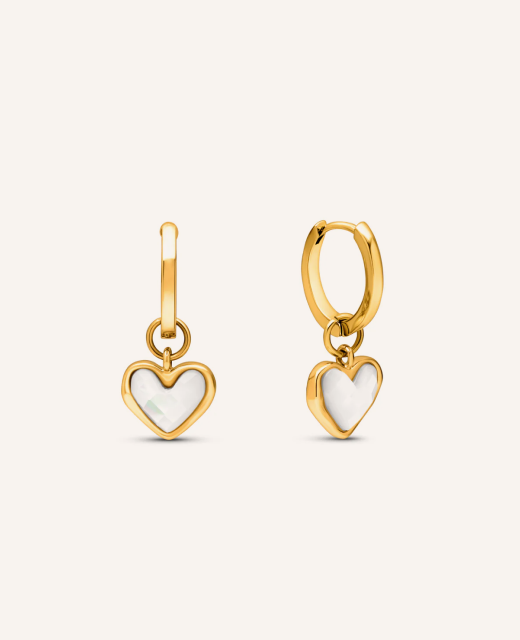 White Quartz Heart Huggie Earrings (Gold)
