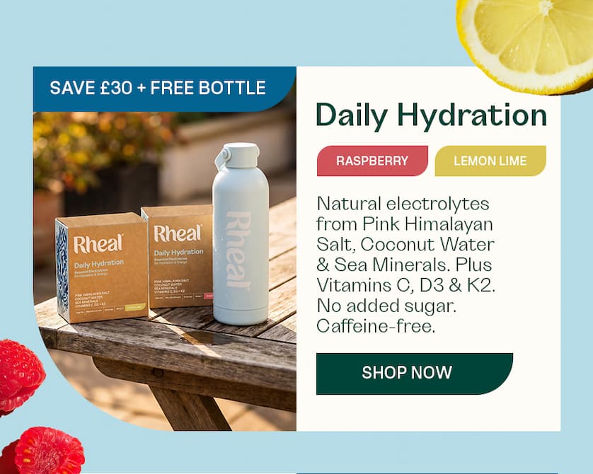 Daily Hydration Bundle - Save £30  Raspberry + Lemon Lime · 2 x 28 sachets + free bottle · Natural electrolytes, Vitamins C, D3 & K2 · £75 £45