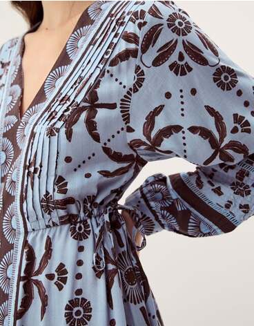Thalia Palm Print Midi Dress Blue