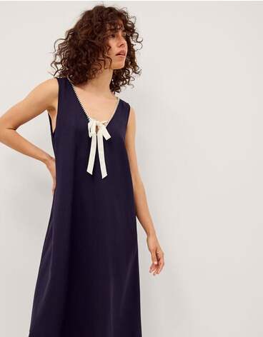 Gigi Bow Linen Blend Midi Dress Blue