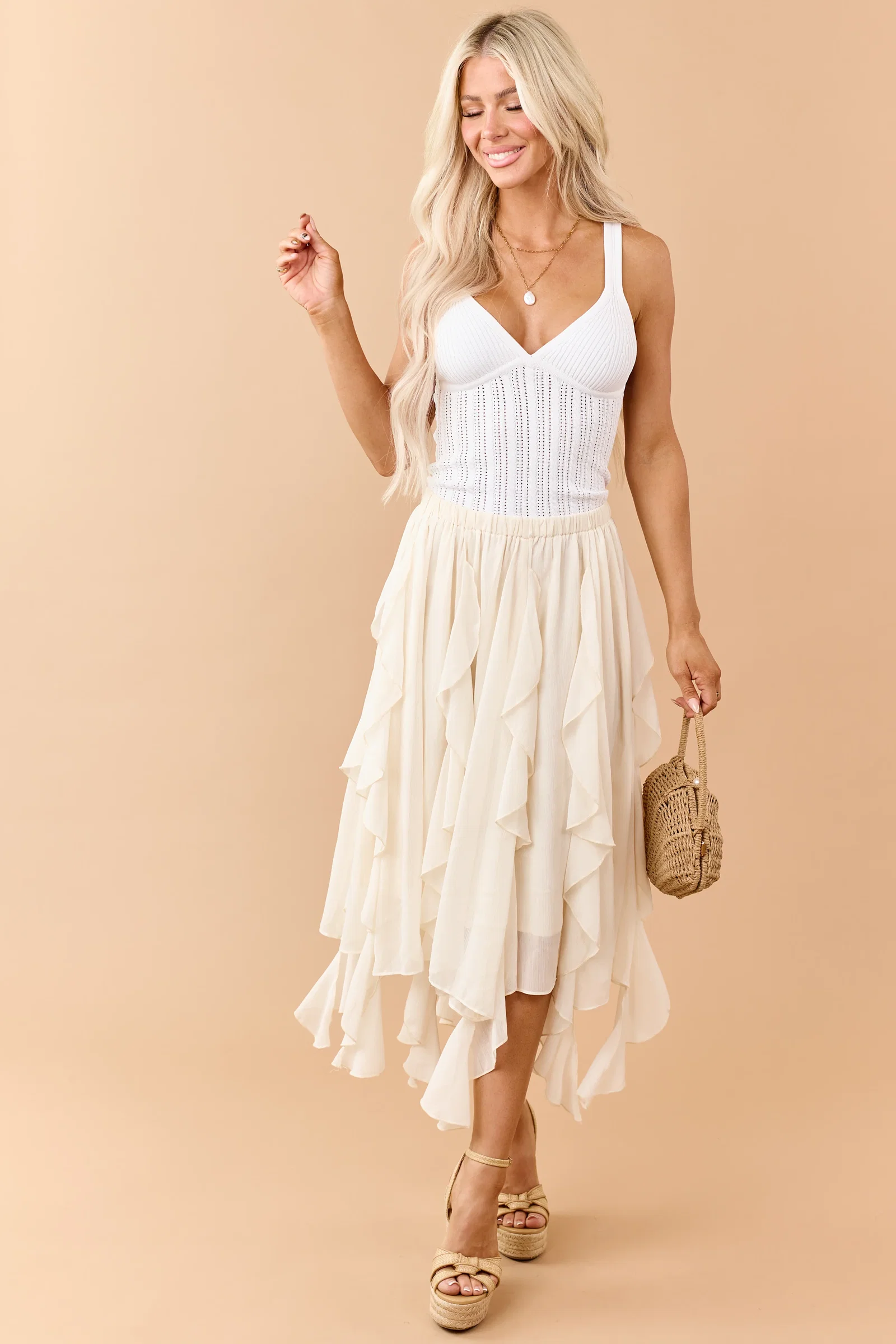 Image of Cream Chiffon Ruffle Handkerchief Hem Midi Skirt