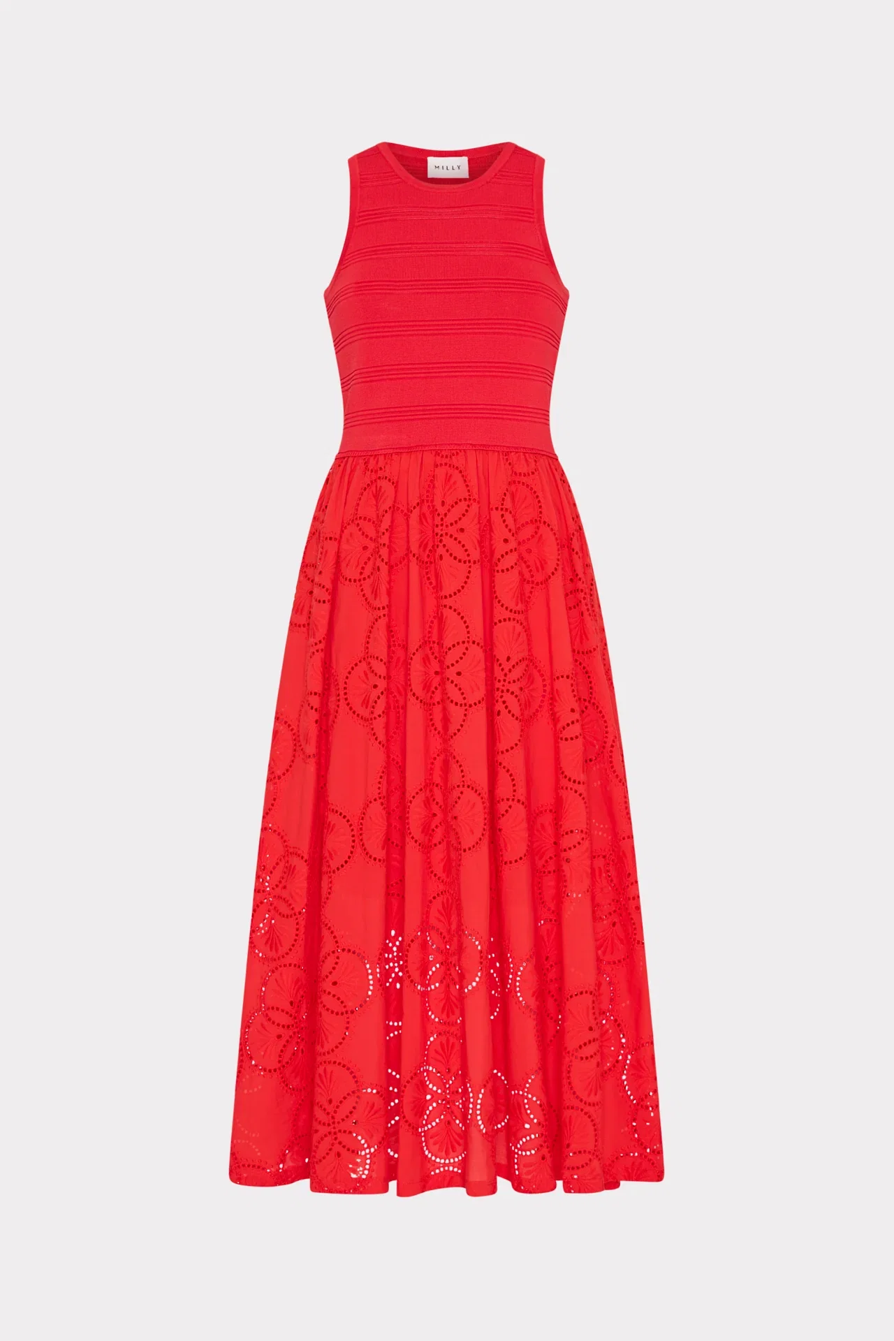 Image of Geo Eyelet Knit Combo Midi Dress