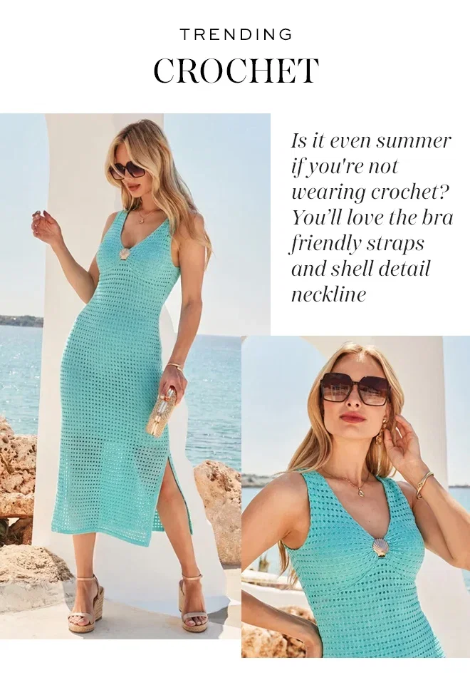 Aqua Blue Crochet Midi Dress With Gold Shell Detail