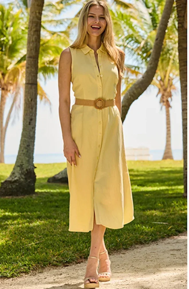 Lemon Yellow Linen Blend Rattan Belted Shirt Dress
