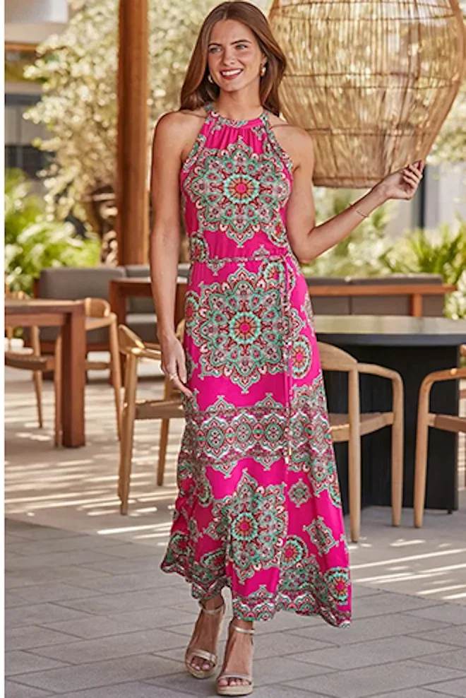 Pink Wanderlust Print Halter Neck Maxi Dress
